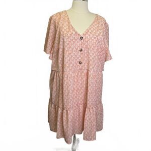 Evri Women's Size 4X Plus Coral Pink White Cottagecore Mini Dress Peasant Tiered